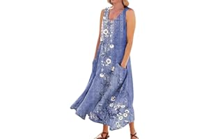 ZXCTKA Summer Dresses for Women 2024,Casual Linen Print Boho Sundress O Neck Sleeveless Pockets Beach Vacation Maxi Dresses