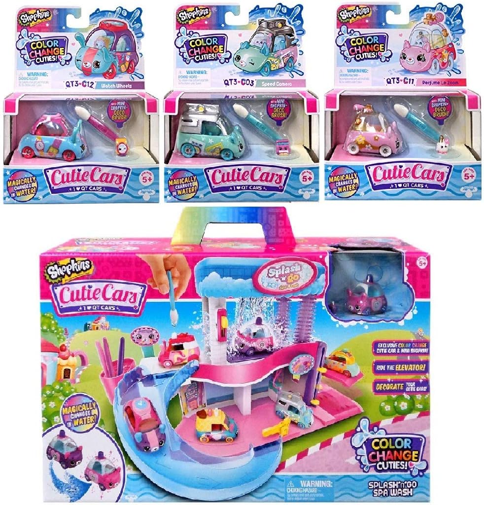 Shopkins Cutie Cars Splash ‘N’ GO Spa Wash with an Additional 3 Cutie Cars, Series 3. Styles May Vary. Including Blizy Keychain.