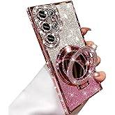 Changjia for Samsung Galaxy S25 Ultra Magnetic Kickstand Glitter Case,[Compatible with Magsafe] Bling Sparkly Rhinestones with Camera Protector Makeup Mirror Women Girls Case for Galaxy S25 Ultra,Pink