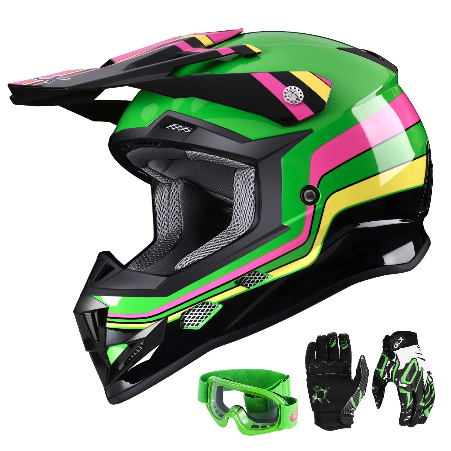 GLX GX623 Youth ATV/Dirt Bike Helmet Combo - Retro Green, X-Large - DOT Image