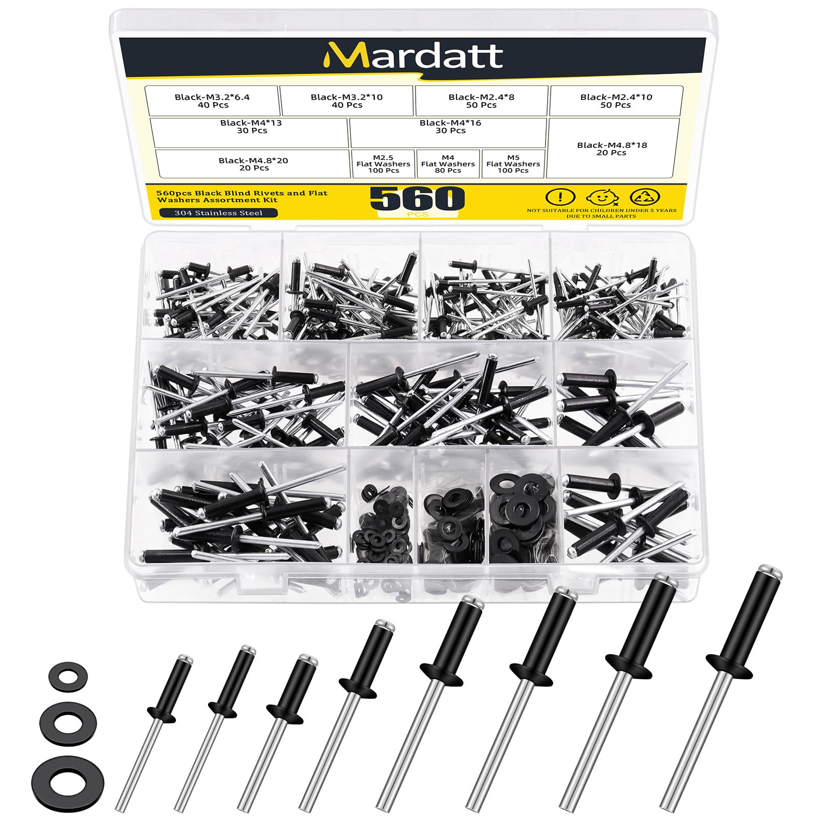 Mardatt 560Pcs Black Pop Rivets Assortment Kit - Aluminum & Stainless Steel Rivets with Washers for Automotive & Furniture