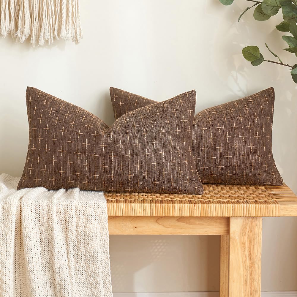 Photo 1 of MIULEE Pack of 2 Decorative Vintage Burlap Linen Brown Throw Pillow Covers Modern Farmhouse Pillowcase Rustic Woven Textured Cushion Cover for Sofa Couch Bed 12x20 Inch Dark Coffee
