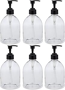 (6 Pack) Earth's Essentials Versatile 16 Ounce Refillable Designer Pump Bottles. Excellent Liquid Hand Soap Dispensers. Great for Dispensing Homemade Lotions, Shampoos and Massage Oils.