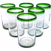 MexHandcraft Emerald Green Rim 14 oz Drinking Glasses (set of 6), Recycled Glass, Lead-free, Toxin-Free (Drinking)