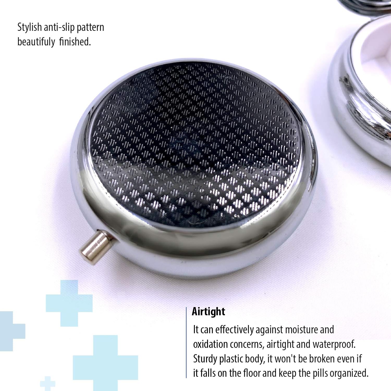 2 Pack - Round Silver Pill Box Medicine Planner Small case (Weekly Travel Container) Medication, Vitamin Holder Boxes Organizer Pillbox Dispenser Organizer, sorter and Reminder containers: Health & Personal Care
