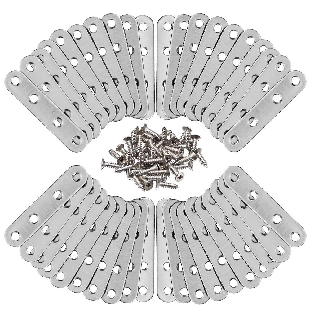 50 Pcs Flat Corner Brace Plates,Stainless Steel Plate Bracket,Flat Corner Brace with Screws,eavy Duty Fixing Joining Mending Flat Plates Bracket,for Fixing Connector Repair Furniture