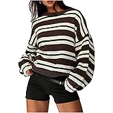 SHENHE Women's Oversized Sweater Striped Crewneck Drop Shoulder Fall Knit Pullover Sweater