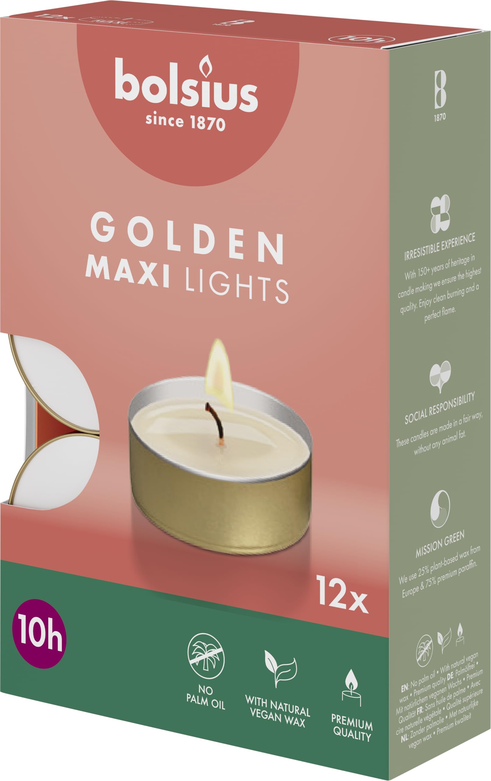 Bolsius Maxi Tea Lights with Golden Cup - Pack of 12-10 Hours Burning Time - Decorative Household Candles - Unscented - with Natural Vegan Wax - Without Palm Oil, Gold