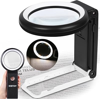 KIBTOY Magnifying Glass with Light and Stand 18 LED Folding Desk Magnifier Black