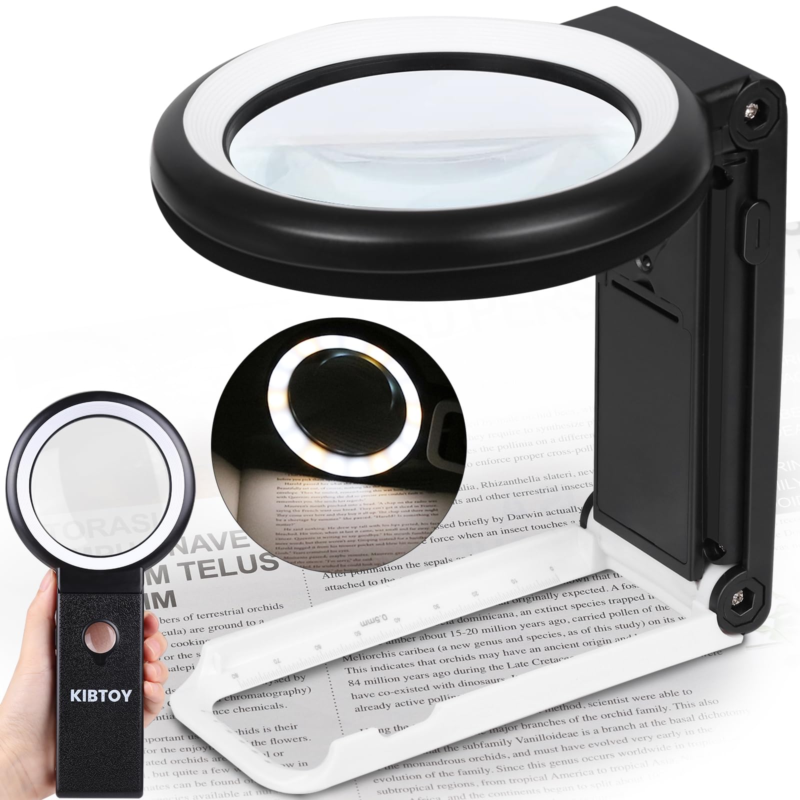 Magnifying Glass with Light and Stand, Folding Handheld Magnifying Glass 18 LED Illuminated Lighted Magnifier for Macular Degeneration, Seniors Reading, Close Work, Coins, Jewelry (Black-w）
