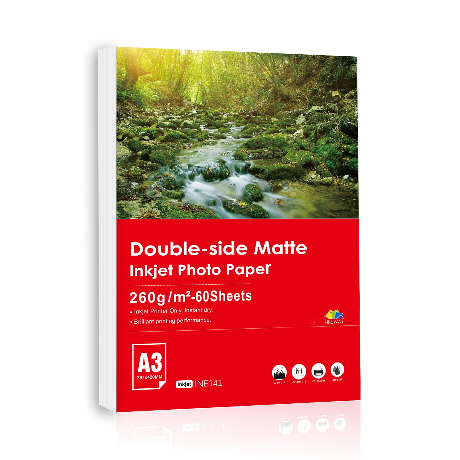 Inkuway A3 Thick Double Sides Matte Matt Photo Paper – 260Gsm 60Sheets Inkjet Paper Printable for Menu, Calendar Inkjet Printable