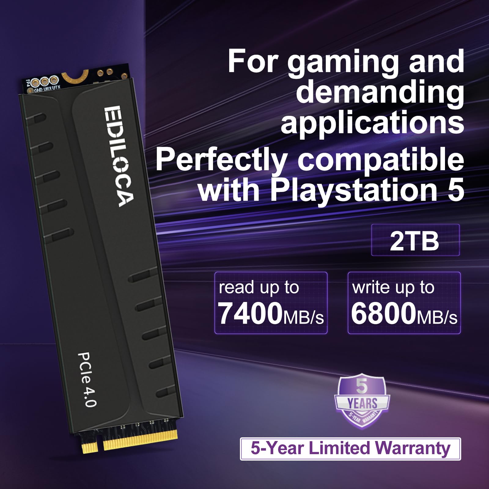 Ediloca 2TB PS5 SSD with Heatsink PCIe Gen4 NVMe M.2 Gaming SSD, 7400MB/s Read, 2GB DRAM Cache, 3D TLC | Internal Solid State Drive Compatible with PS5 & PC(EN855)