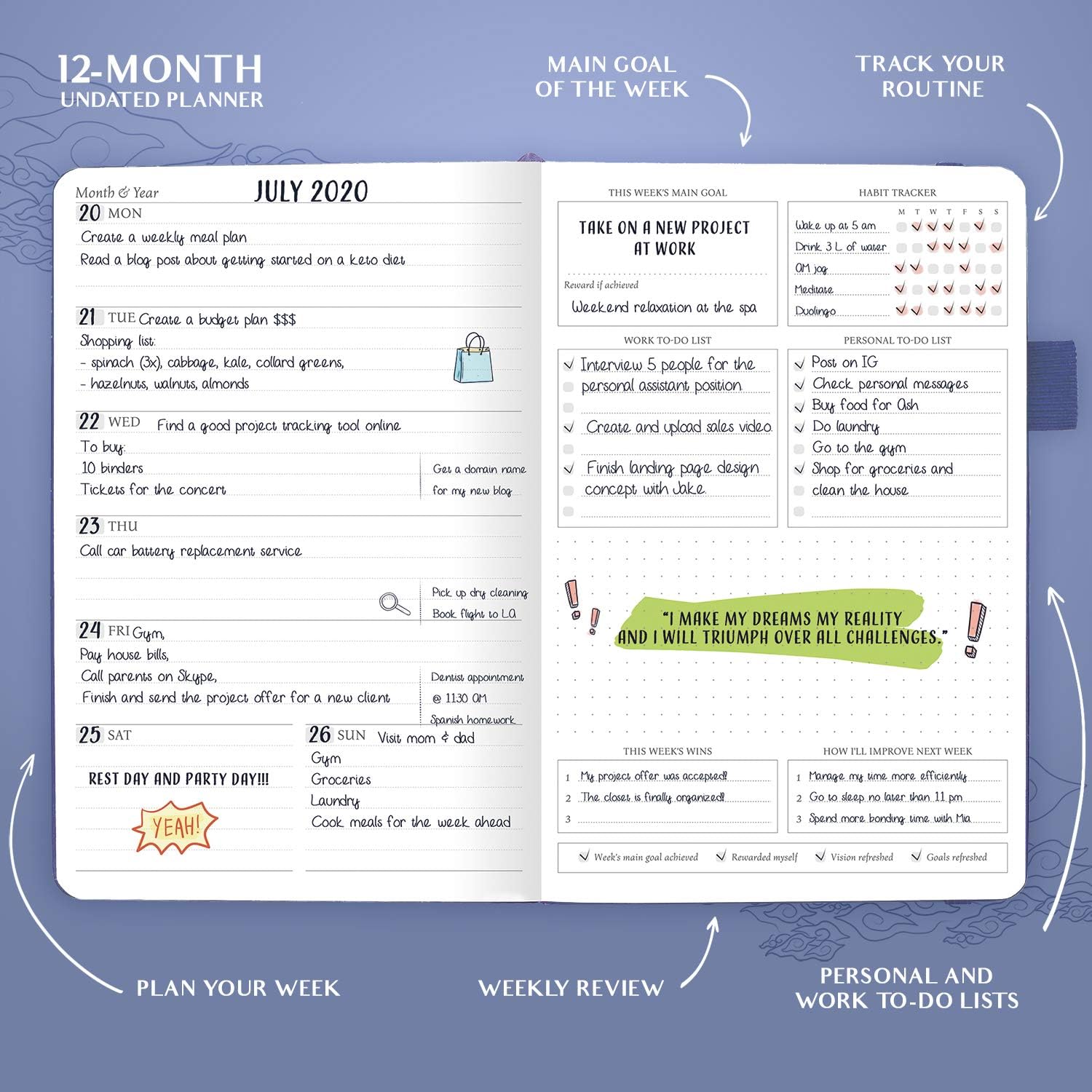 Legend Planner – Deluxe Weekly & Monthly Life Planner to Hit Your Goals & Live Happier. Organizer Notebook & Productivity Journal. A5 Hardcover, Undated – Start Any Time + Stickers – Periwinkle Gold - Image 4