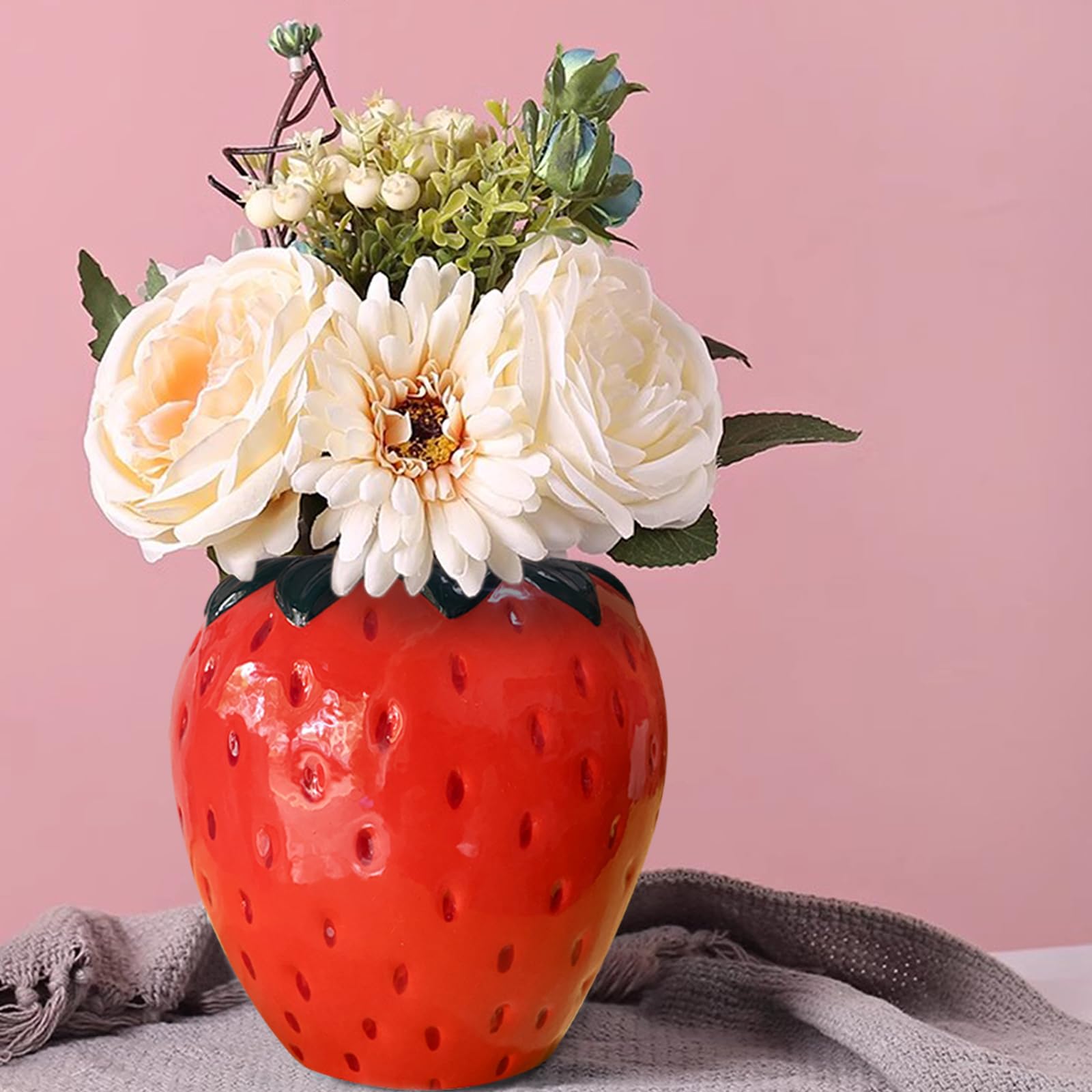 Cute Strawberry Flower Vase, Ceramic Strawberry Shaped Vase Fun Fruit Decor for Home Kitchen Bathroom