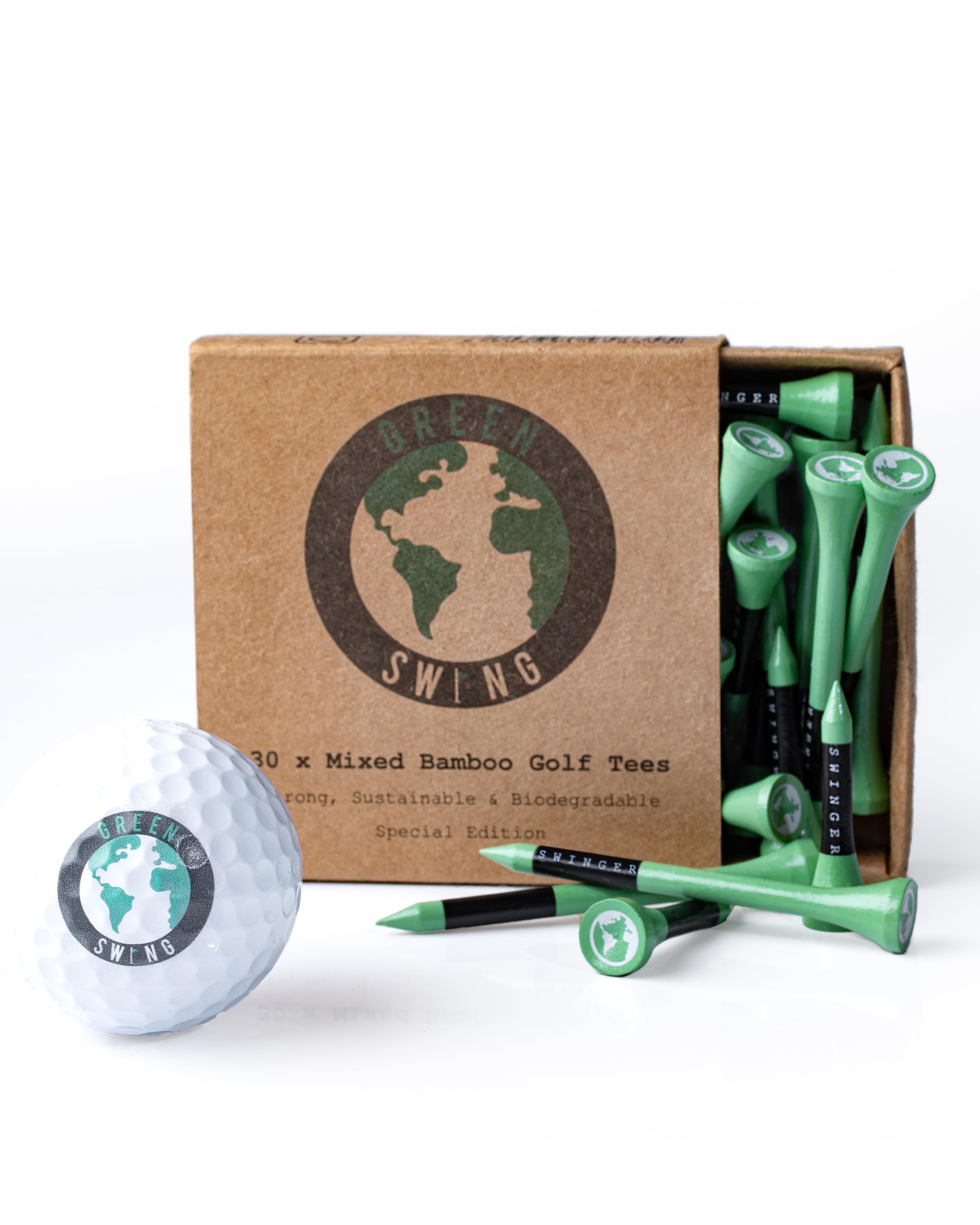 Green Swing Special Edition Mixed Box of 70mm & 38mm Bamboo Golf Tees | Strong Sustainable Biodegradable | The Perfect Pairing | 30pcs