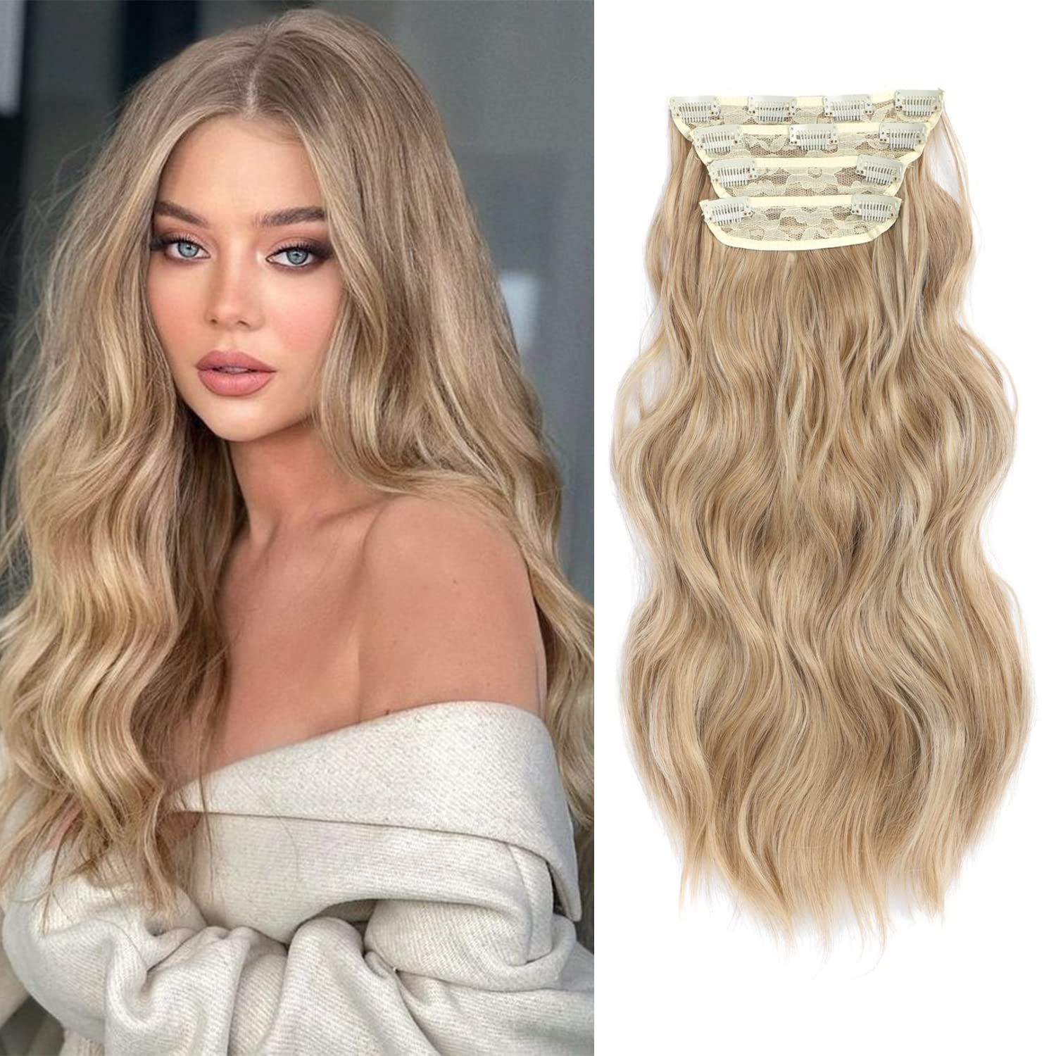 Hair Extensions Clip in 4pcs Dirty Blonde with Brown Highlights Hair Extension Long Wavy Full Head Clip in Hair Extension Synthetic Fiber Hair Pieces for Women — image 1