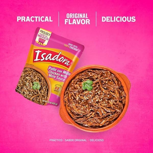 ISADORA FULLY COOKED POLLO CON MOLE 15 OZ POUCH, READY-TO-EAT MICROWAVE MEAL, SEASONED SHREDDED CHICKEN, GLUTEN FREE, AUTHENTIC MEXICAN INGREDIENTS, SHELF STABLE MEAT