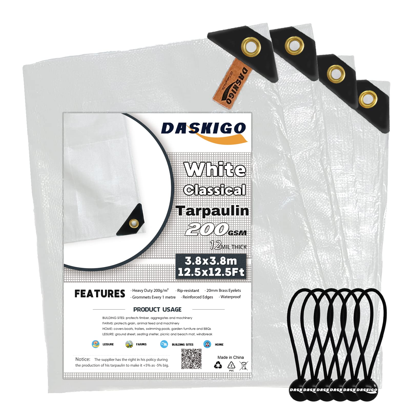 DASKIGO 4 x 4M Heavy Duty 200GSM White Reinforced Tarpaulin Cover Waterproof Tarp Sheet & 6 Pcs Bungee Balls