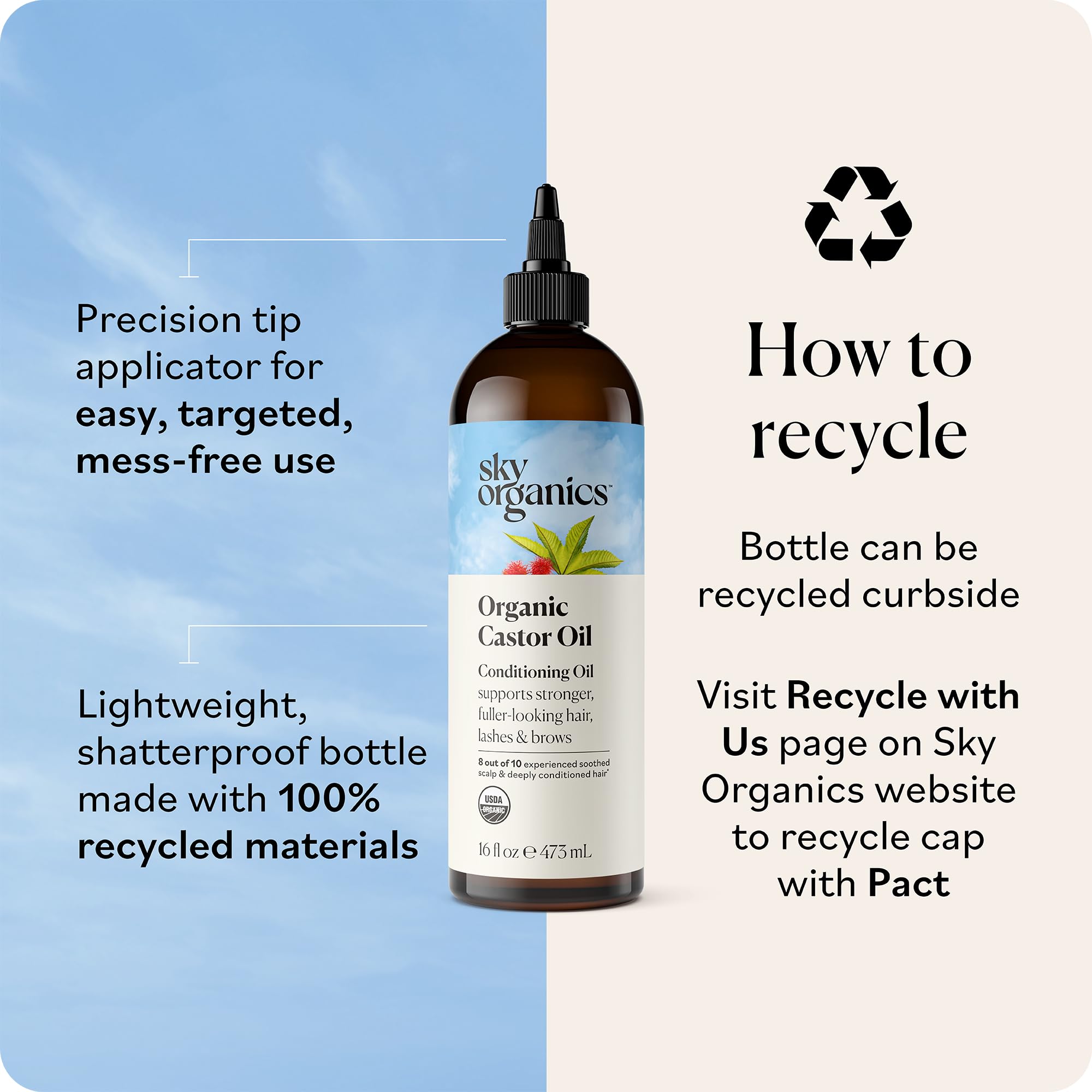 Sky Organics Castor Oil - USDA Certified Organic Hair Oil for Hair Growth, Skin, Face, Eyelashes - Cold Pressed & Hexane Free - Pure Organic Castor Oil Pack Wrap - Carrier & Hair Treatment Oil -16oz