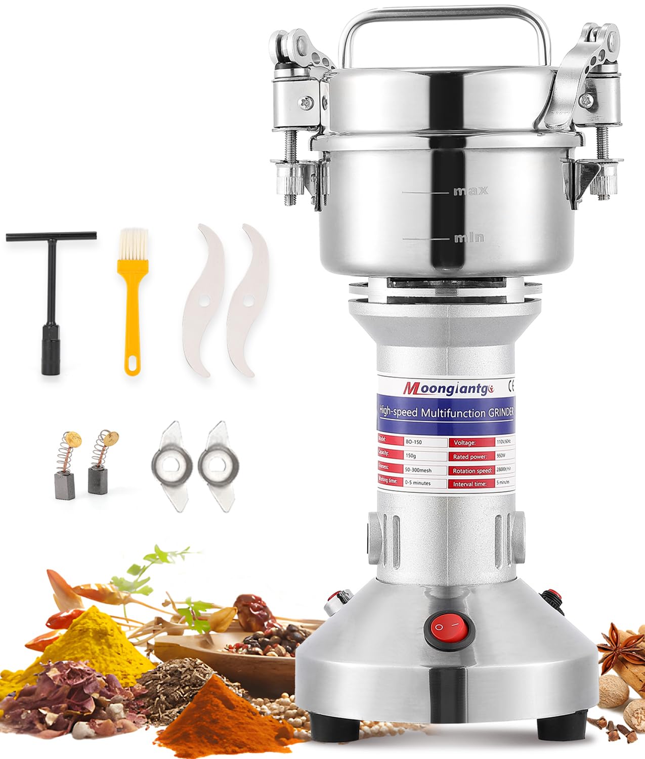 Moongiantgo Electric Grain Grinder 150g/0.33lb Spice Grain Mill Stainless Steel, 950W 28000RPM Commercial Motor, 30s High-Speed Superfine Grinding, for Grinding Various Dried Cereal/Herb/Spice