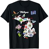 Illustrated Map of Michigan USA Cities Symbols T-Shirt