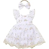 IDOPIP Floral Embroidered Baby Girl Romper Tutu Dress Princess Tulle Jumpsuit Headband Cake Smash 1st Birthday Party Outfit