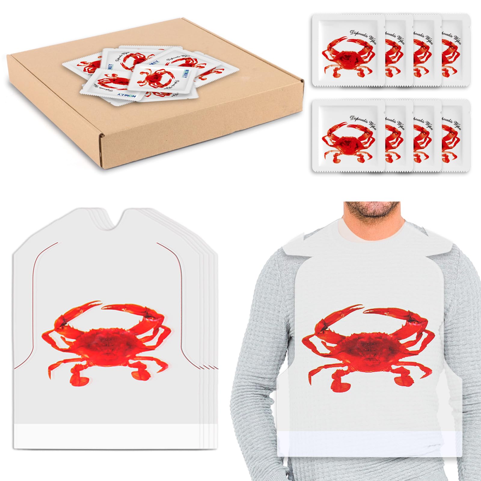 Photo 1 of Nonley 100 Pcs Crab Bibs + 100 Wet Wipe, Disposable Plastic Crab Bib for Adults, Crab Feasts Bibs for Restaurants Seafood Boil Party