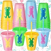 Suttmin Easter Cups Bulk with Straw and Lid 16 Oz Reusable Plastic Bunny Cups Rabbit Cups for Wedding Anniversary Easter Party Supplies (24 Pcs)