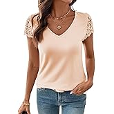 SHEWIN Womens Lace Tops Casual V Neck Short Sleeve Shirts Loose Tunic Top 2026