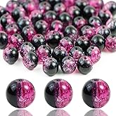 100Pcs 10mm Crackle Glass Beads for Jewelry Making - Round Spacer Crystal Beads Bulk, DIY Craft Supplies for Necklace Bracelet Earrings (Pink Black)