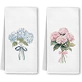 Yjeslw Pink Blue Hydrangea Kitchen Towels, Coquette Pink Bow Hydrangea Floral Hand Dish Towels Decor, Cottagecore Decor Tea Towel for Kitchen Bathroom Decorative, 16x24 Inch Set of 2