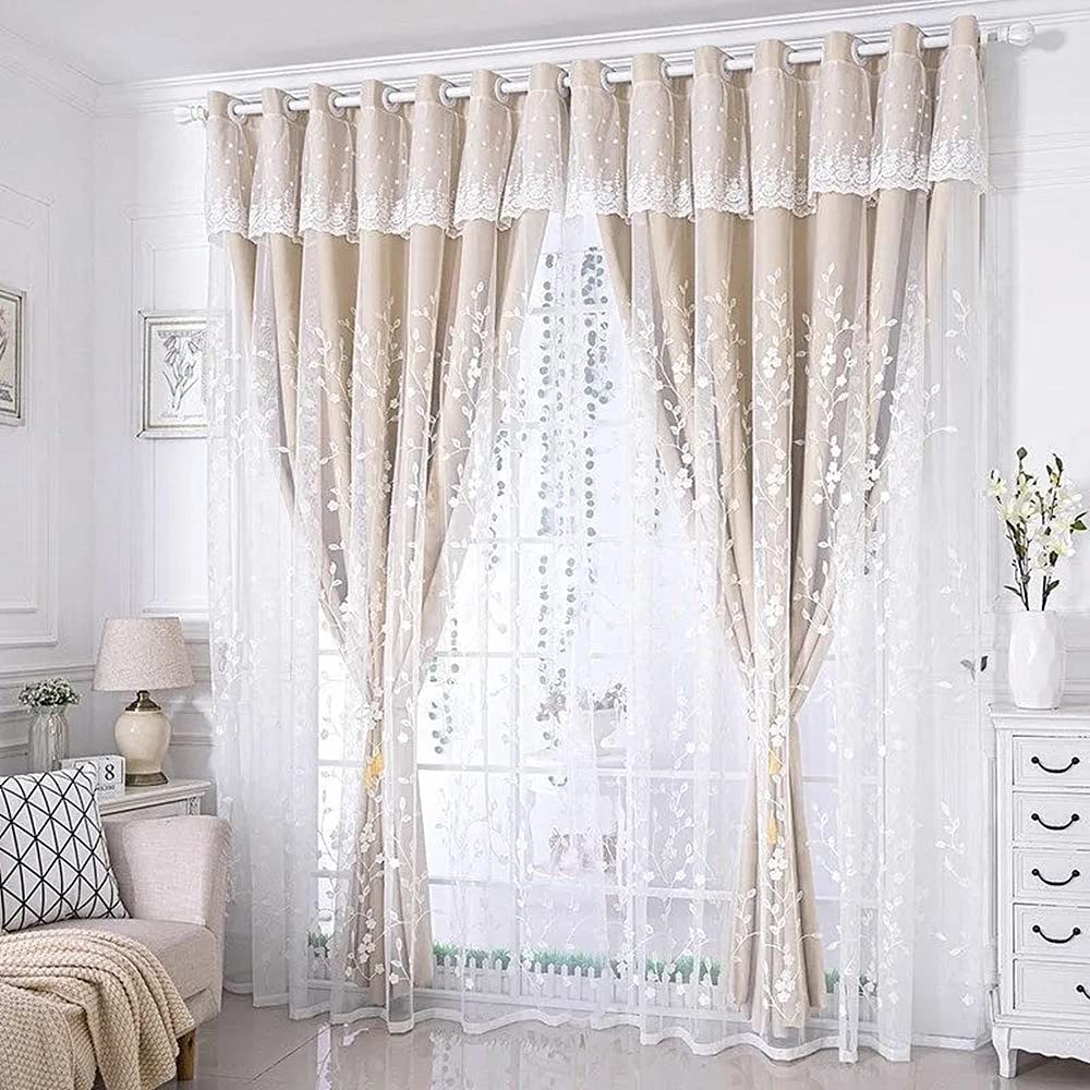 Photo 1 of Amidoudou 1 Pair Double Layer Flower Curtains for Girls Room Living Room Pastoral Flowers and Leaf Embroidered Curtains for Bedroom (Beige,54x90 Inch)