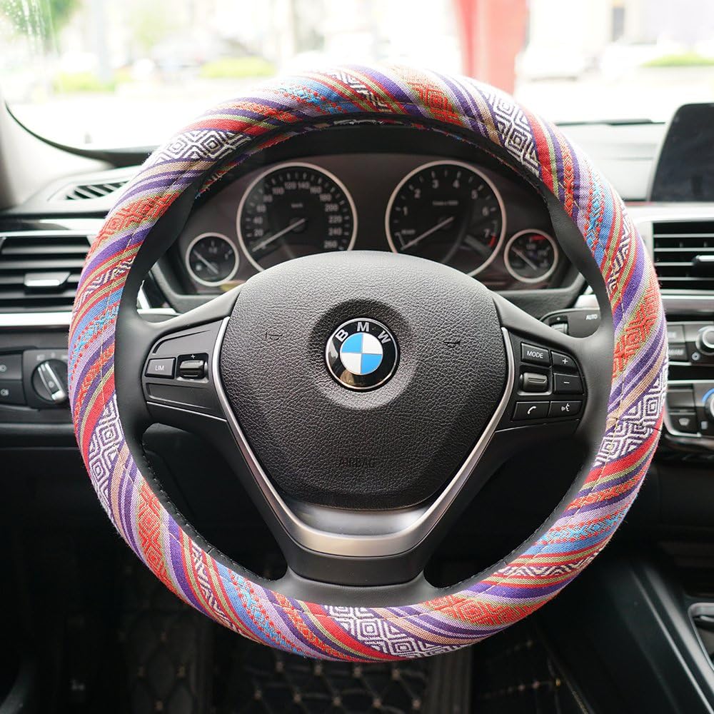 LSAUTO 15inch Boho Steering Wheel Cover with Memory Foam, Sweat Absorption, Compatible for Jeep&SUV&Pick up,Coarse Flax Cloth and Anti Slip Ethnic Style Car Wrap,Boho car accessoriess