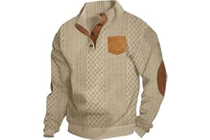 GENERIC Sweatshirts for Men Polo Sweater with Elbow Patches Vintage Printed Stand Collar 1/4 Button Pullover Corduroy Sweatshirt