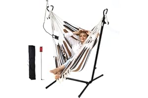 ZGZEYU ZEYU Hammock Chair with Stand Double Hammock Chair Bohemian Style with Tassel Mobile Phone Support Manual Adjustable Swing Indoor and Outdoor Garden Porch with Floor mat Reclining Capacity 400 pounds
