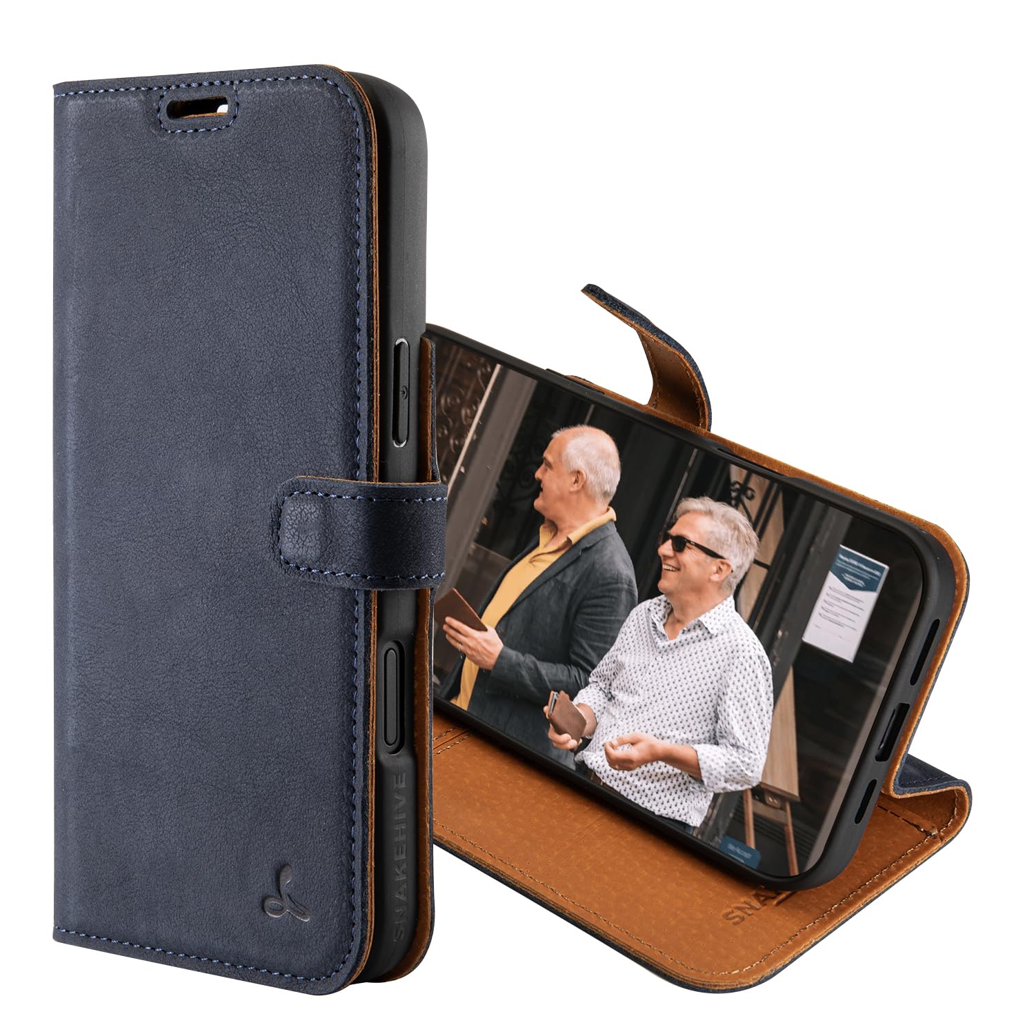 Snakehive Leather Wallet for iPhone 16 Plus - Real Leather Wallet Phone Case with Viewing Stand and Card Holder - Flip Folio Cover with Card Slots (Navy)