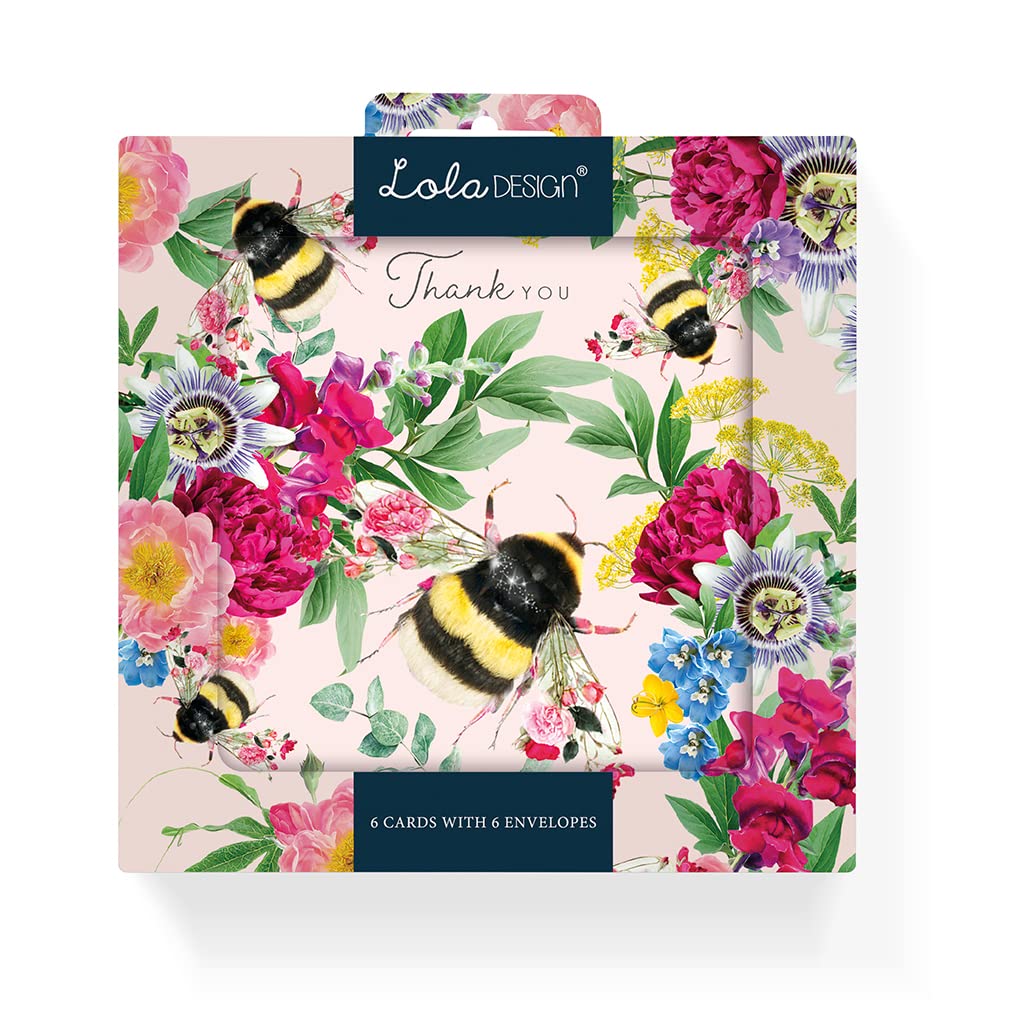 Thank you card pack - Pack of 6 Bee Thank You Cards - Made in the UK, 125x125mm and Blank Inside for your own message, with Grey Envelopes Included