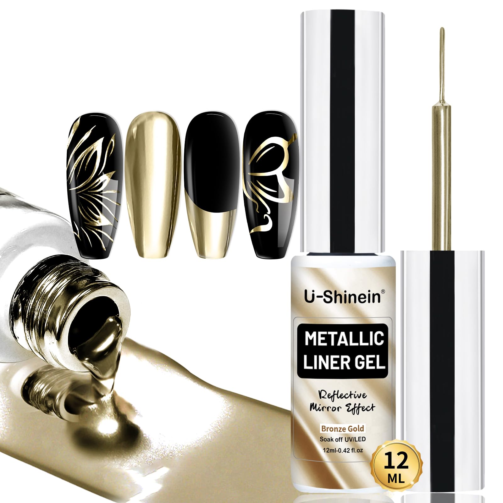 U-Shinein Metallic Painting Gel, Nail Art 3D Mirror Effect Gel Nail Polish, Painted Drawing Gel, Build in Thin Brush Soak Off Gel for Salon Home DIY Manicure, Copper
