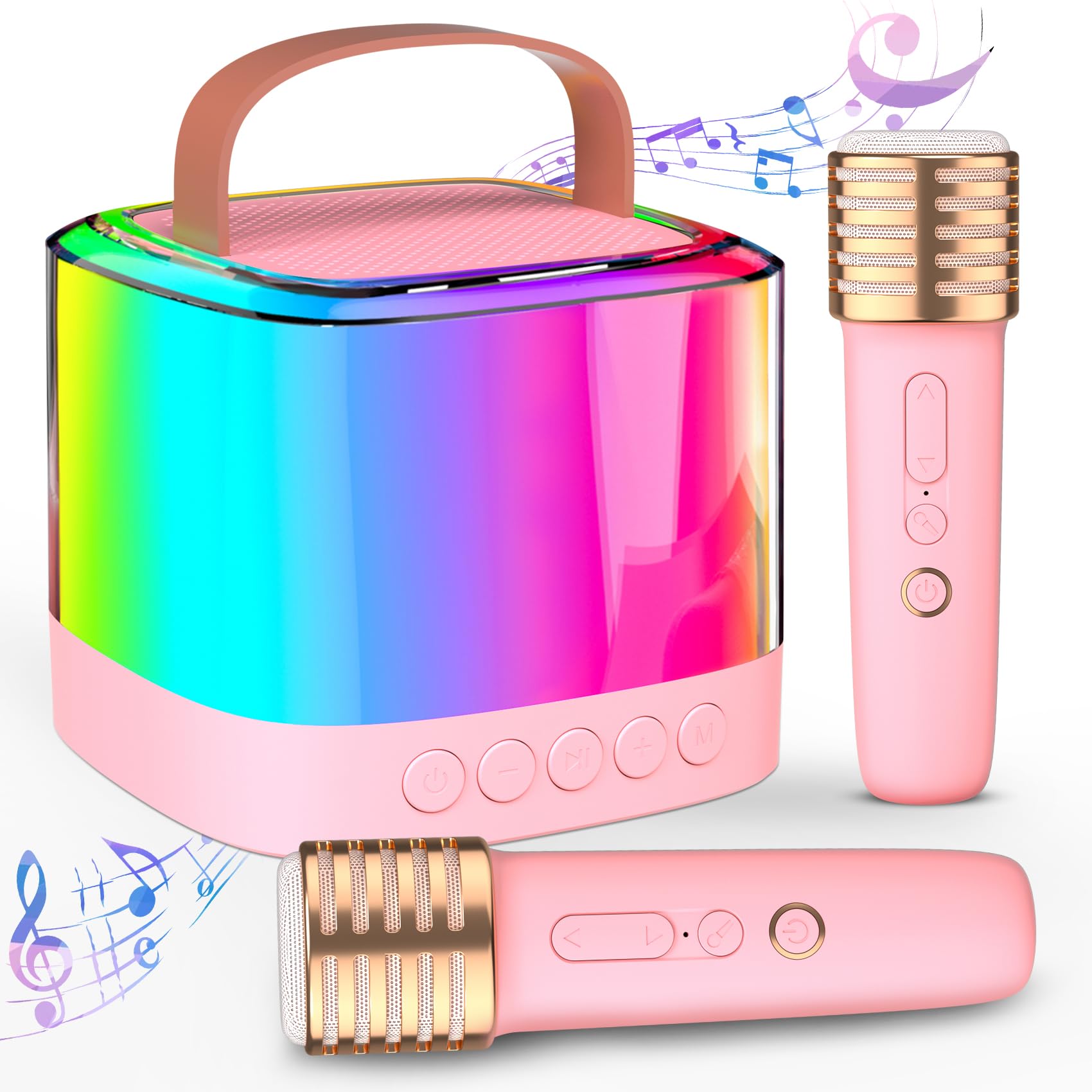 TAEMVV Mini Karaoke Machine for Kids with 2 Wireless Microphones, Portable Bluetooth Speaker & LED Lights, Birthday Gift Toy for Girls and Boys Ages 3–12+ (Pink)