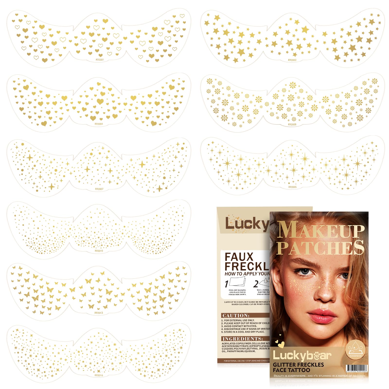 Photo 1 of ***2 PACKS INCLUDED***9 Style Set Glitter Face Tattoo Gold Glitter Freckles Makeup Patches, Sparkle Temporary Tattoo Gold Speckles Waterproof Faux Fake Freckle for Dance Music Party Makeup***2 PACKS INCLUDED***