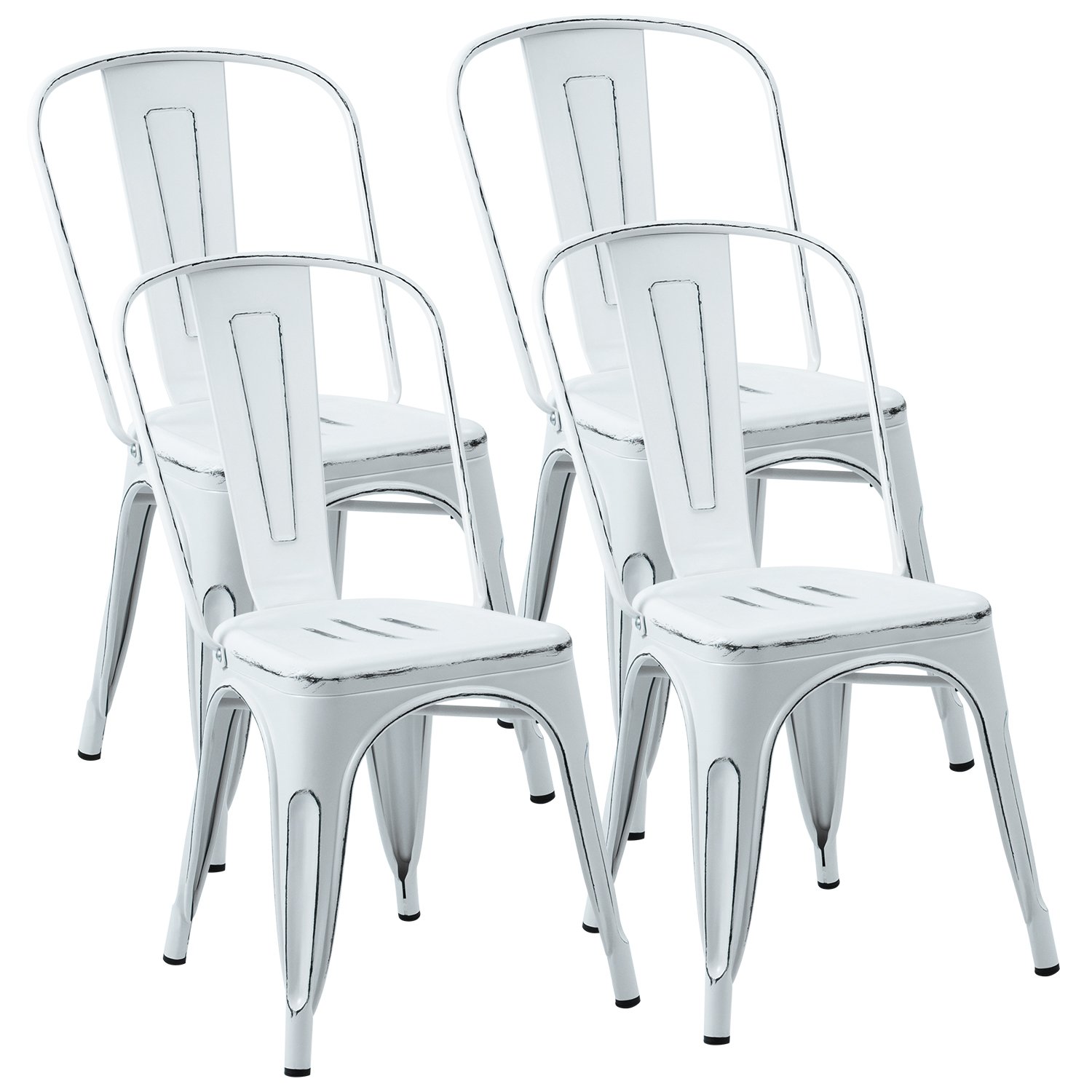 JUMMICO Metal Dining Chair Stackable Indoor-Outdoor Industrial Vintage Chairs Bistro Kitchen Side Chairs with Back Set of 4 (Distressed White)
