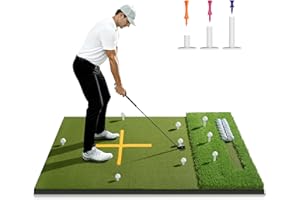 TOSOZE 5.2x4ft & 6x4ft 21mm-45mm Dual-Turf Golf Mat with Ball Tray, Thickened Golf Hitting Mat with 9 Hitting Holes, Alignment Aid Practice Mat for Hitting, Driving Chipping, Swinging, Gifts for Men/Dad/Him