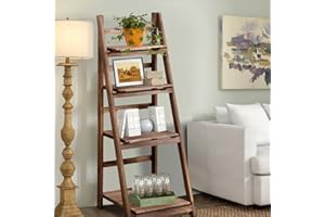 DEARYOU Wood Ladder Shelf,4-Tier Storage Standing Organizer Modern Shelf with Metal Frame，Ladder-Shaped Plant Flower for Office,Bedroom,Living Room,Brown