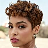 MOONSHOW Short Pixie Cut Wigs for Black Women Brown Pixie Cut Wig | Short Pixie Wigs for Black Women Natural Layered Short Curly Wigs for Black Women Curly Pixie Wig for Women Daily Use