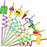 24PCS Beach Drinking Straws Reusable for Kids Pool Theme Birthday Party Favors Supplies Decorations with 2 PCS Cleaning Brushes (Beach)