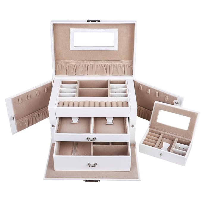 SONGMICS Caja Joyero con Espejo y Cajones, Caja para Joyas, para Pendientes, Pulseras, Anillos, Almacenamiento y Expositor, Organizador Joyero con Cerradura, Blanco JBC121W