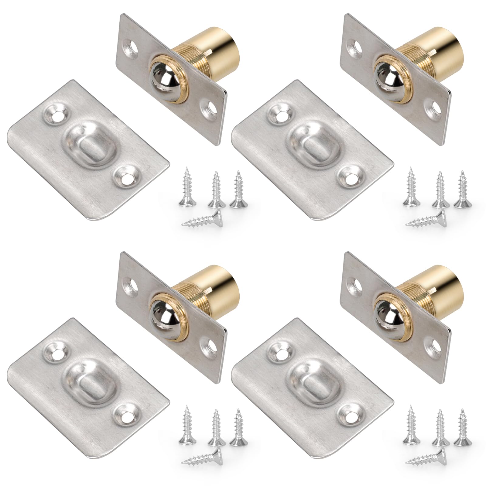 4 PCS Roller Ball Door Catch Adjustable, Door Ball Catches for Internal Doors, Door Ball Latch Door Spring Ball Stainless Steel and Brass