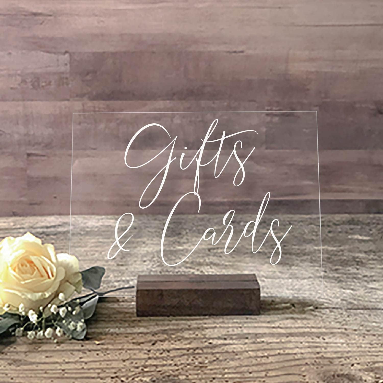 Mixed Media - Gifts and Cards Acrylic 8x10 Sign with Stand | Wedding Table Decor for Modern and Classic Events | Lucite Decorations for Birthday and Anniversary Parties (5X7, Dark Walnut Stand)