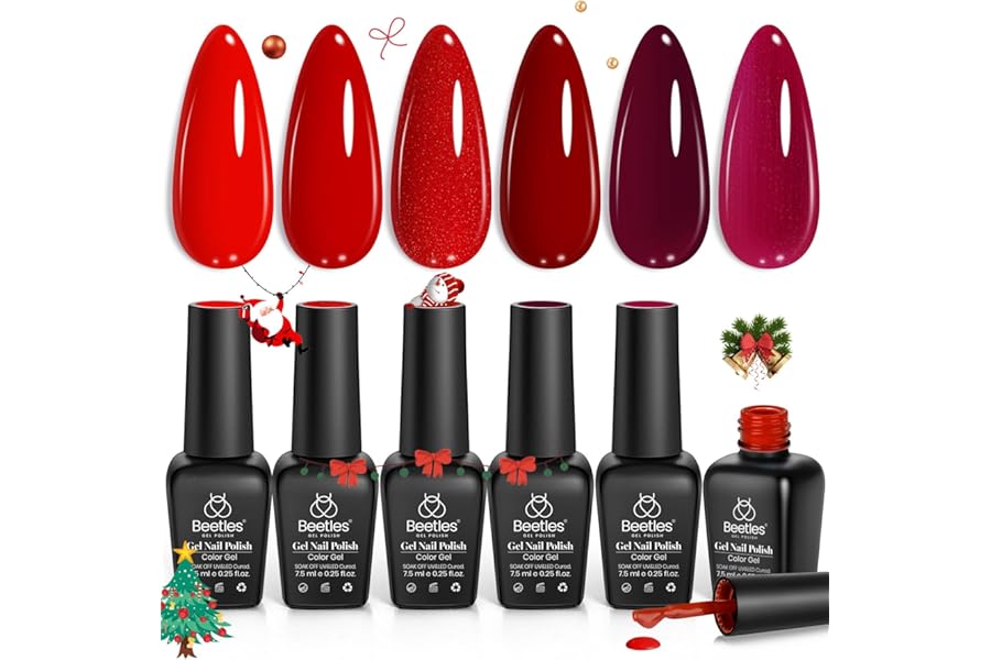Beetles Red Gel Polish Set – 6 Colors Burgundy Red Gel Nail Polish Popular Shimmer Red-Obsession Collection Nails Art Design Soak Off Uv LED Nail Kit Minicure DIY Home Christmas Nails Set