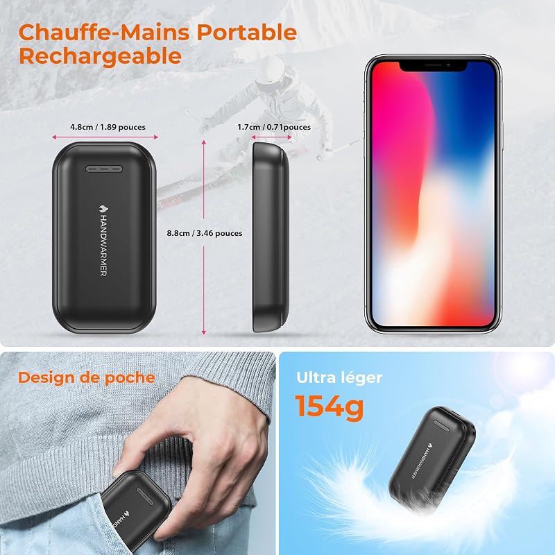 Chauffe Main Rechargeable 2 en 1 Magnetique, Batterie de 6000 mAh, 3 Niveaux de Chaleur, Chauffe-Mains avec câbles USB, pour Les activités en Extérieur et Le Froid, Cadeaux pour Femmes, Noir